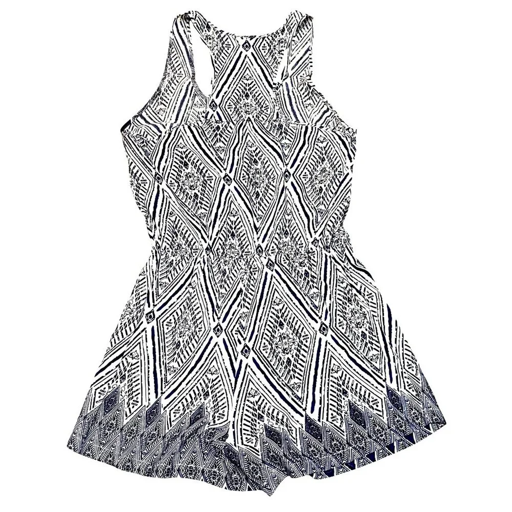 CCC Wide Leg Summer Romper Sleeveless Blue White Casual Geometric Print Size Sm - Picture 2 of 3